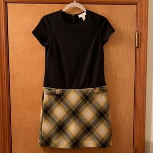 LOFT Black Dress with Black and Gold Plaid.